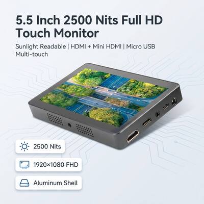 satın al 5.5 inç 2500 Nits Full HD Dokunmatik Monitör 1920×1080 HDMI Mini HDMI Micro USB Alüminyum Kabuk Güneş Işığı Okulabilir Ekran Çevrimiçi üretim